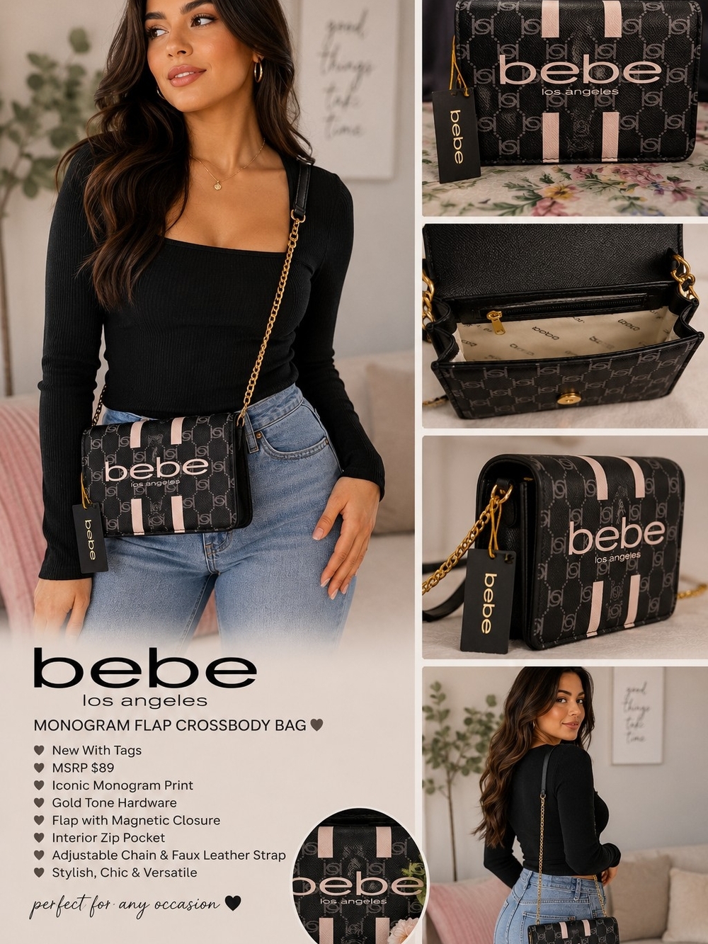 bebe Black & Pale Pink Monogram Flap Crossbody Bag with Gold Chain